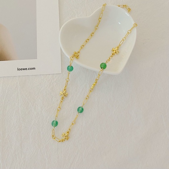 Tory Burch Elegant Gold and Green Gemstone Necklace - Picture 5 of 15